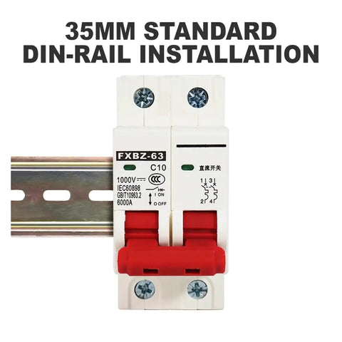 Rock Solid 2P DC Solar Circuit Breaker 1000V Rated featuring kickass overload and short circuit protection mounted on 35mm DIN rail.
