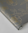 Noir And Metallic Gold Peonies Removable Peel And Stick Floral Wallpaper For Walls, Self-Adhesive, Slate Gray Backdrop, Roll View