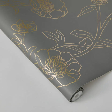 Noir And Metallic Gold Peonies Removable Peel And Stick Floral Wallpaper For Walls, Self-Adhesive, Slate Gray Backdrop, Roll View