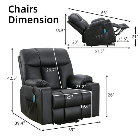 Dimensions of Extra Wide Lift Chair With Heat And Massage For Adults And Seniors, Faux Leather Recliner With Upholstery