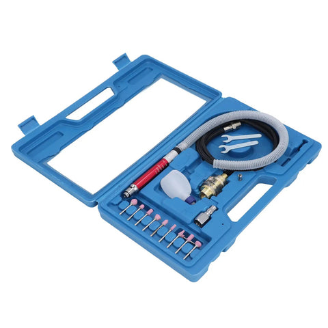 Straight Shot Precision Pneumatic Pencil Die Grinder Kit For Mechanics And Fabricators Featuring A Featherlight Grip and Knockout Torque for Clean Metal Trimming and Quick Routing In Cramped Engine Bays, displayed in blue case.