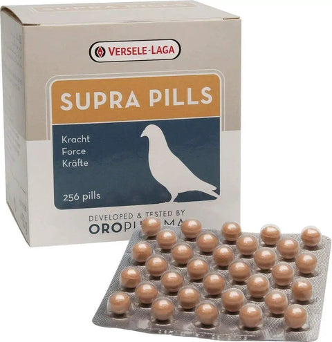 Supra Pills For Racing Pigeons Power Up With Cola Nut And Fenugreek Natural Herbal Boost For Fast Flying Birds 256 Count box and pills