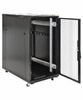 Heavy Duty 22U Network Server Rack Cabinet Ready To Roll With Pre Assembled Vented Doors And Thumb Locks For Serious Computer And Tech Gear Setup Black cabinet with doors open showing smooth rails.