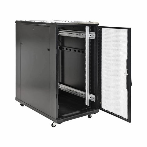 Heavy Duty 22U Network Server Rack Cabinet Ready To Roll With Pre Assembled Vented Doors And Thumb Locks For Serious Computer And Tech Gear Setup Black cabinet with doors open showing smooth rails.
