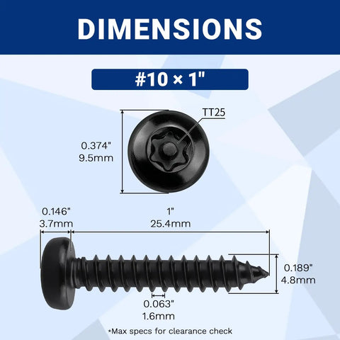 Dimensions of Trusted Shop Gear 100 Pack 10 X 1 Inch Black 304 Stainless Steel Security Torx Pan Head Screws.