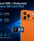 Close-up of Built Different 5G Unlocked Smartphone Running Android 15 with dual SIM slots and SD card slot, showing orange back design.
