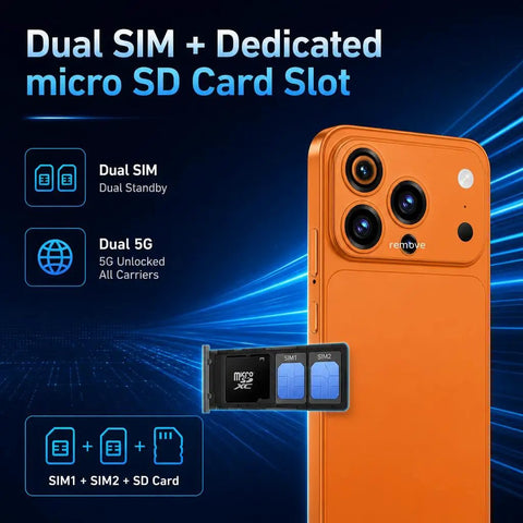 Close-up of Built Different 5G Unlocked Smartphone Running Android 15 with dual SIM slots and SD card slot, showing orange back design.