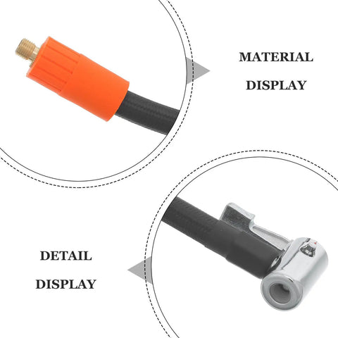 Kickass High Pressure Inflator Extension Tube With Heavy Metal Threaded Connector Universal Fit For Motorcycle Bicycle Air Compressors 31.5 Inch Durable Tubing Secure Seal Stops Leaks Fast Easy Fix For All Car Tires And Wheels Ready To Go close-up of hose connector and valve fitting
