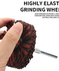Close-up of 7 Pack Mounted Flap Wheel Set For Sanding And Polishing Wood And Metal Grit 80 To 400 showing hand holding mop wheel