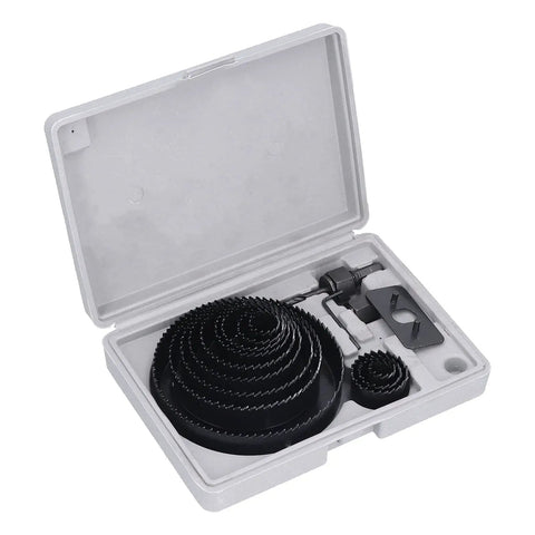 Heavy Duty Carbon Steel Hole Saw Kit With 13 Pieces For Precise Drilling In Wood Drywall PVC And Cork Plus Mandrels Fast Accurate Cuts For Cool DIY Pros, open case
