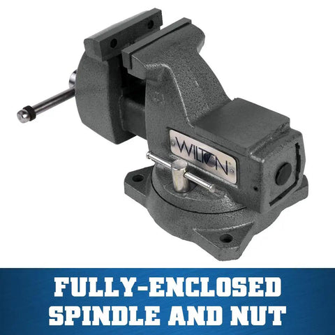 Beefy 4 Inch Bench Vise With 360 Degree Swivel Base featuring fully enclosed spindle, replaceable hardened steel jaws, large anvil surface