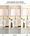 Ceramic Table Lamp With USB Port And Touch Control, 3 Way Dimmable Bedside Lamp, Wave Geometric Design, White Shade.