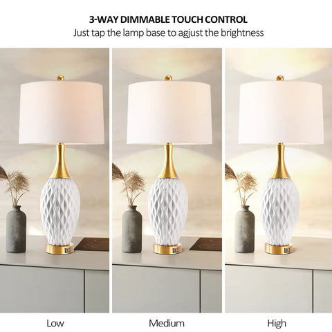 Ceramic Table Lamp With USB Port And Touch Control, 3 Way Dimmable Bedside Lamp, Wave Geometric Design, White Shade.