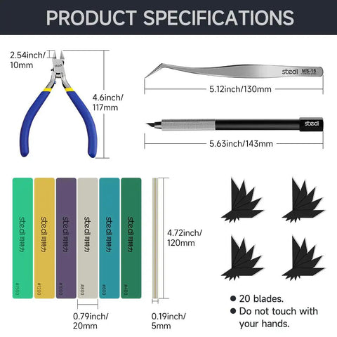 Starter To Pro Model Tools Kit 14 Piece Set includes pliers, tweezers, knife, sanding sticks with measurements.