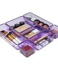 Modular Drawer Organizer Set With 7 Bins In 4 Sizes For Office, Home, Makeup, Kitchen And Junk Drawers, Clear Purple Plastic Trays