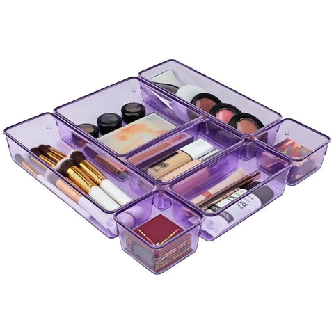Modular Drawer Organizer Set With 7 Bins In 4 Sizes For Office, Home, Makeup, Kitchen And Junk Drawers, Clear Purple Plastic Trays