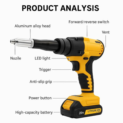Smooth Operator Cordless Pop Rivet Gun With Brushless Motor Works With 20 Volt Batteries Includes Aluminum Rivets 1 8 5 32 3 16 Inch No Sweat Heavy Duty Pro Tool with aluminum alloy head and LED light.