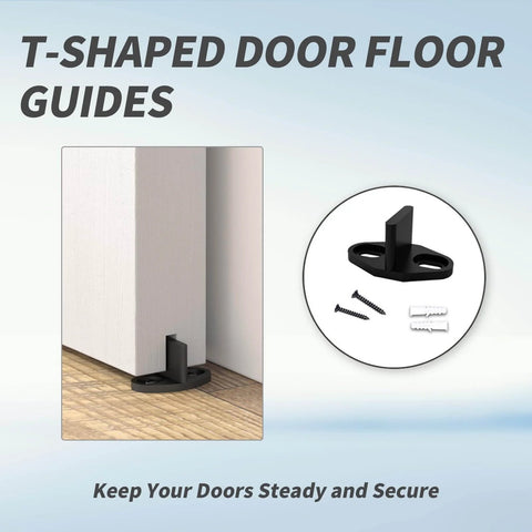4 Pack Black Floor Guides For Sliding Barn Door Hardware T Shape Floor Mounted Bottom Track Guides installed with screws