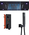 Top Shelf Led Shower System With Sixty Four Color Lighting Remote Digital Temperature Display Three Function Matte Black Rain Showerhead.