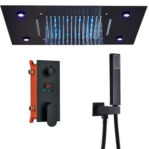 Top Shelf Led Shower System With Sixty Four Color Lighting Remote Digital Temperature Display Three Function Matte Black Rain Showerhead.