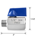 Mini Ball Valve Set Two Pack One Quarter Inch NPT Female To Male Stainless Steel Shutoff Valves with dimensions shown