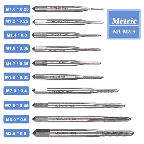 Top Shelf 10 Piece Mini Hand Tap Set With Dang Durable High Speed Steel Micro Bits Smooth Fast Metric Threading For Watches Clocks Small Instruments Get It Dialed In, showing metric sizes from M1 to M3.5.