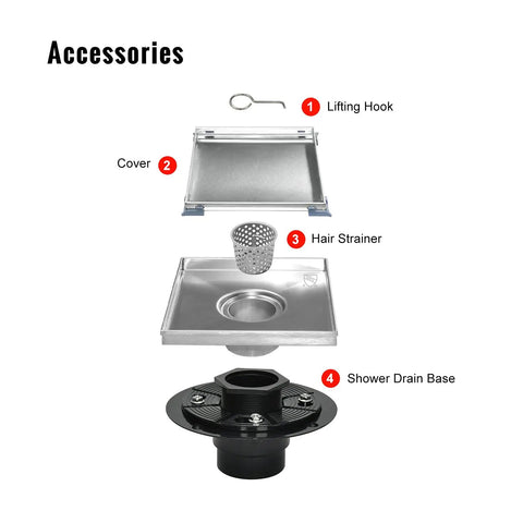 Accessories for Top Notch 6 Inch Brushed Shower Drain With Full Flange Tile Insert, includes cover, hair strainer, and drain base.