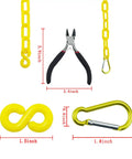 Close-up of 125 Feet Yellow Plastic Safety Barrier Chain Set with cutter, S hooks, carabiner clips, connectors for crowd control.
