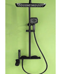 RIBEUJIZS Digital Display Bathroom Shower Faucet Sets, black shower system with rainfall head and handheld spray, mounted on green wall.