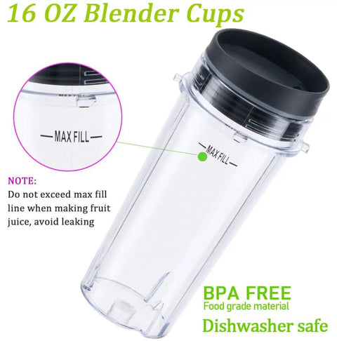 16oz Replacement Blender Cup With Lids For Ninja Blenders Two Pack showing max fill line, BPA-free, dishwasher safe