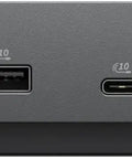 Thunderbolt 5 Smart Dock with 300w Pd powers Quad 4k 60hz screens, showcasing USB and Thunderbolt ports on a sleek gray body.
