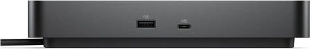 Thunderbolt 5 Smart Dock with 300w Pd powers Quad 4k 60hz screens, showcasing USB and Thunderbolt ports on a sleek gray body.