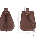 Badass Brown Leather Belt Pouch For Medieval Renaissance And Viking Larp Cosplay showing dimensions and drawstring closure design.