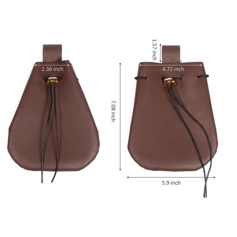 Badass Brown Leather Belt Pouch For Medieval Renaissance And Viking Larp Cosplay showing dimensions and drawstring closure design.