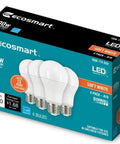 Box of Ecosmart LED bulbs labeled 100W replacement, showing 1600 lumens, soft white, dimmable, for indoor and covered outdoor use.