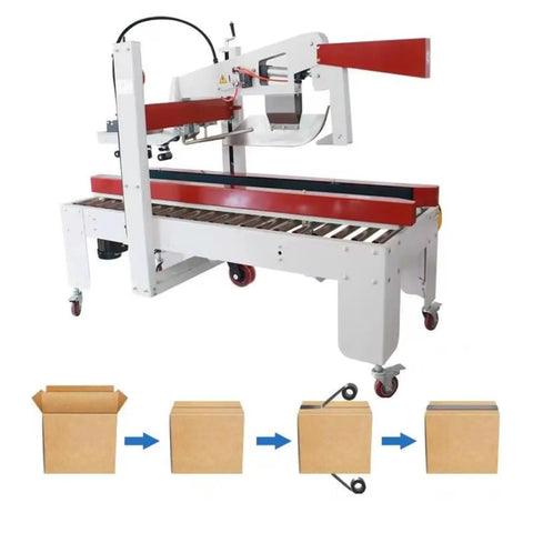 Heavy Duty Fully Automatic Carton Erector Electric Carton Folding And Sealing Machine For Packaging Lines on wheels, sealing cardboard boxes.
