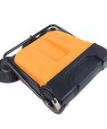 26 8 Inch Manual Walk Behind Floor Sweeper With 4 Gallon Waste Bin Built Like A Tank For Warehouse Garage Driveway Straight Up Heavy Duty Efficiency And Zero Fuss Cleaning showing top view with orange bin
