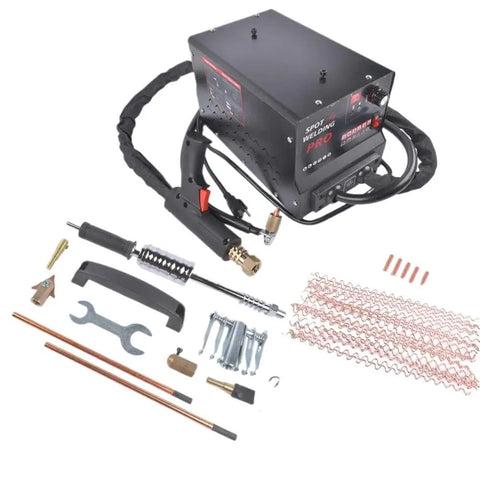 Pro Grade Stud Welder Dent Repair Kit For Auto Body, 3.5KW 110V AP03, 6 Welding Modes, parts spread out for clarity.