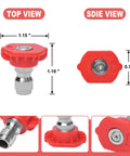 Podoy red 0-degree pressure washer nozzle tip with 1/4 inch QC, 3.0 orifice, pack of 6 (top/side views)