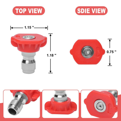 Podoy red 0-degree pressure washer nozzle tip with 1/4 inch QC, 3.0 orifice, pack of 6 (top/side views)