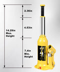 Yellow 4-ton welded bottle jack with handle and base, front view.