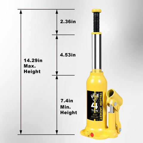 Yellow 4-ton welded bottle jack with handle and base, front view.