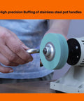 Top Shelf 3 Inch Polyurethane Buffing Wheels 2000 Grit polishing stainless steel pot handles on a bench grinder.