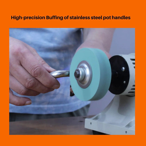 Top Shelf 3 Inch Polyurethane Buffing Wheels 2000 Grit polishing stainless steel pot handles on a bench grinder.