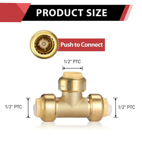 Pack Of Two 1/2 Inch Tee Push Fit Fitting Connects Pex Copper And CPVC With Disconnect Clip Lead Free DZR Brass