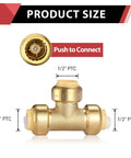 10 Pack Three Quarter Inch Push Fit Tee Fittings For PEX Copper CPVC With Disconnect Clip No Tools Needed Lead Free DZR Brass Easy Install Plumbing Connector Kit For Quick Secure Leak Free Plumbing Runs, showing product size and push to connect feature