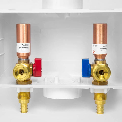 Heavy Duty Washing Machine Outlet Box with center drain and copper water hammer arrestor, hot and cold quarter-turn valves