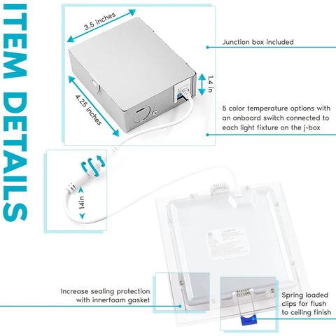 Junction box and wiring details of Ultra Thin 6 Inch Square LED Recessed Light Kit, 15W, Five Color Temperature Options 2700K To 5000K, Dope 1400 Lumens High Output, Dimmable, Wet Rated, Energy Star, ETL, Baffle Trim, Pack Of 4.