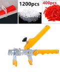 Pro Tile Leveling Kit With 1200 Clips 400 Reusable Wedges And Pliers For One Eighth Inch Gap Tile Laying Fast Mess Free Ceramic And Stone Install Saves Time And Money Ideal For DIYers And Pros showing components and pliers
