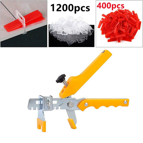 Pro Tile Leveling Kit With 1200 Clips 400 Reusable Wedges And Pliers For One Eighth Inch Gap Tile Laying Fast Mess Free Ceramic And Stone Install Saves Time And Money Ideal For DIYers And Pros showing components and pliers